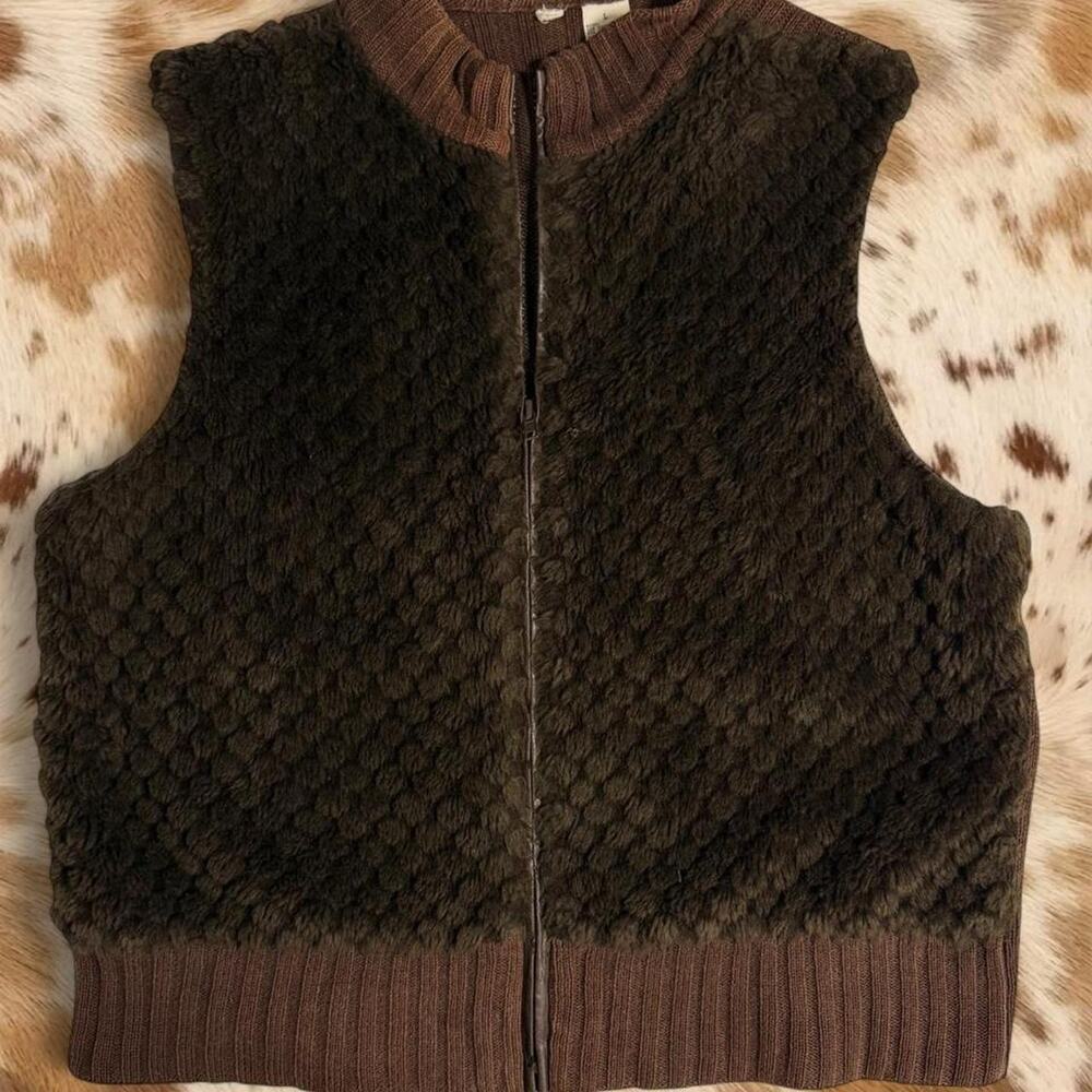 Vintage brown fuzzy zip up vest